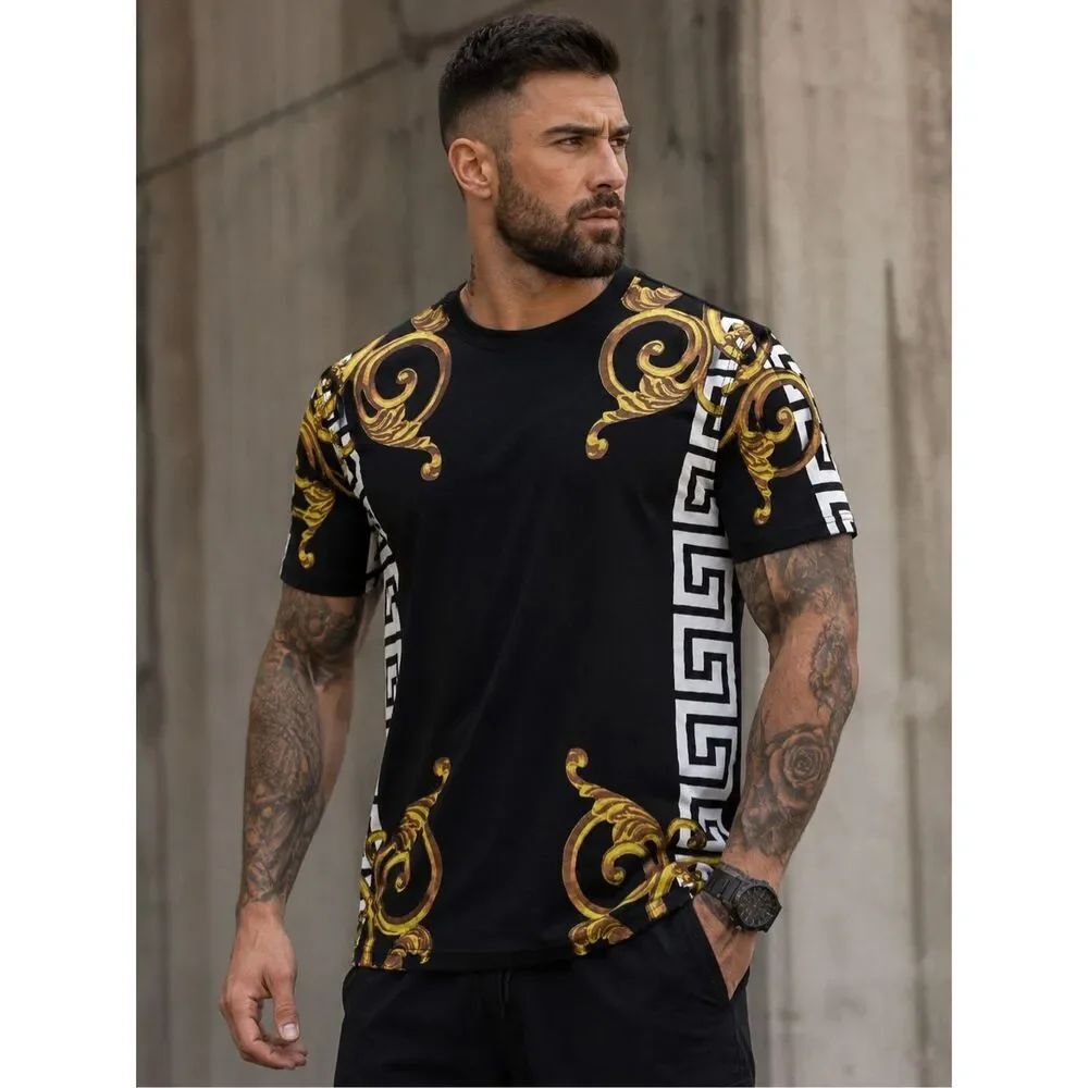 Hudson Outerwear Baroque Greek Key Graphic T Shirt Mens Size L Black Gold Cotton